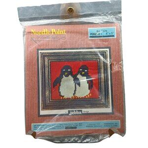 Vintage Jebba Design Needlepoint Kit Penguin Pair Art #504 4"x5" Canvas Complete